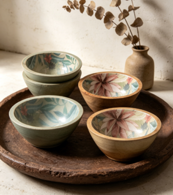 Mango Wood Snack Serving Bowl Set, 6-Inch, Decal Print, Clear Glaze, Pack of 4, Green