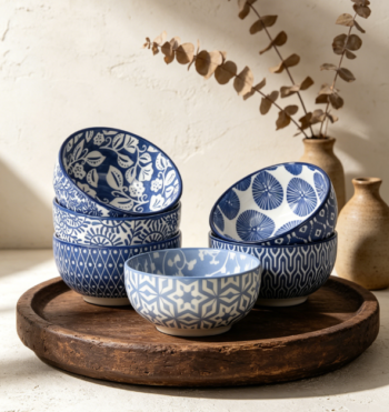 Mini Ceramic Dessert Dip Bowl Set, 4 oz, 3.5-Inch, Pack of 6, Vintage Blue