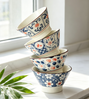 Underglaze Craft Rice Bowl Set, 5-Inch, Pack of 4, Microwave Safe