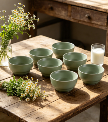 Morandi Colour Small Porcelain Rice Bowl Set, 4.5-Inch, Pack of 6, Green